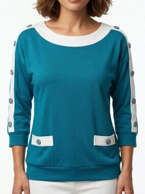 ADOLFO SPORT Vintage 80s Nautical Colorblock Top Blue White Button Sleeve S